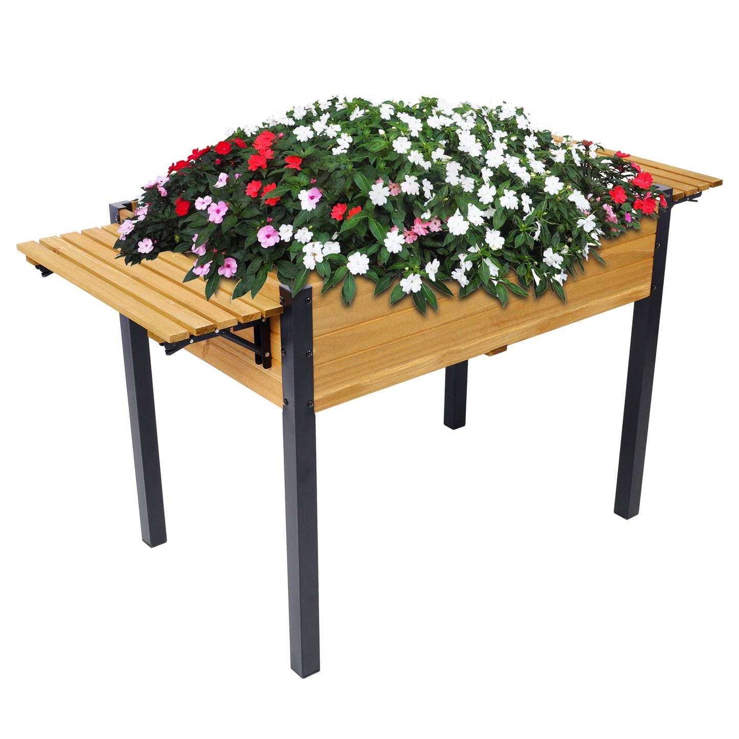 Raised garden bed planter with natural wood slats, black metal legs and folding shelf on Tampa Home & Garden Store