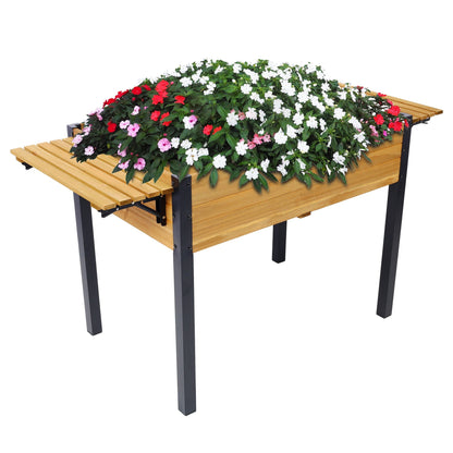 Raised garden bed planter with natural wood slats, black metal legs and folding shelf on Tampa Home & Garden Store