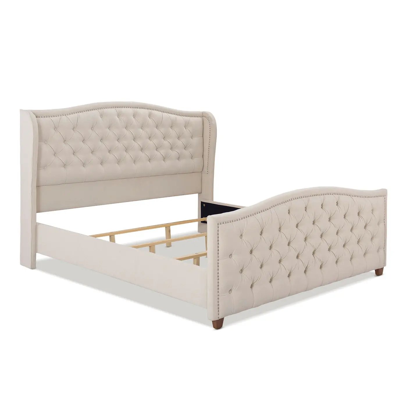 Marcella Upholstered Shelter Headboard Bed Set in cream tufted with nailhead trim on Tampa Home & Garden Store