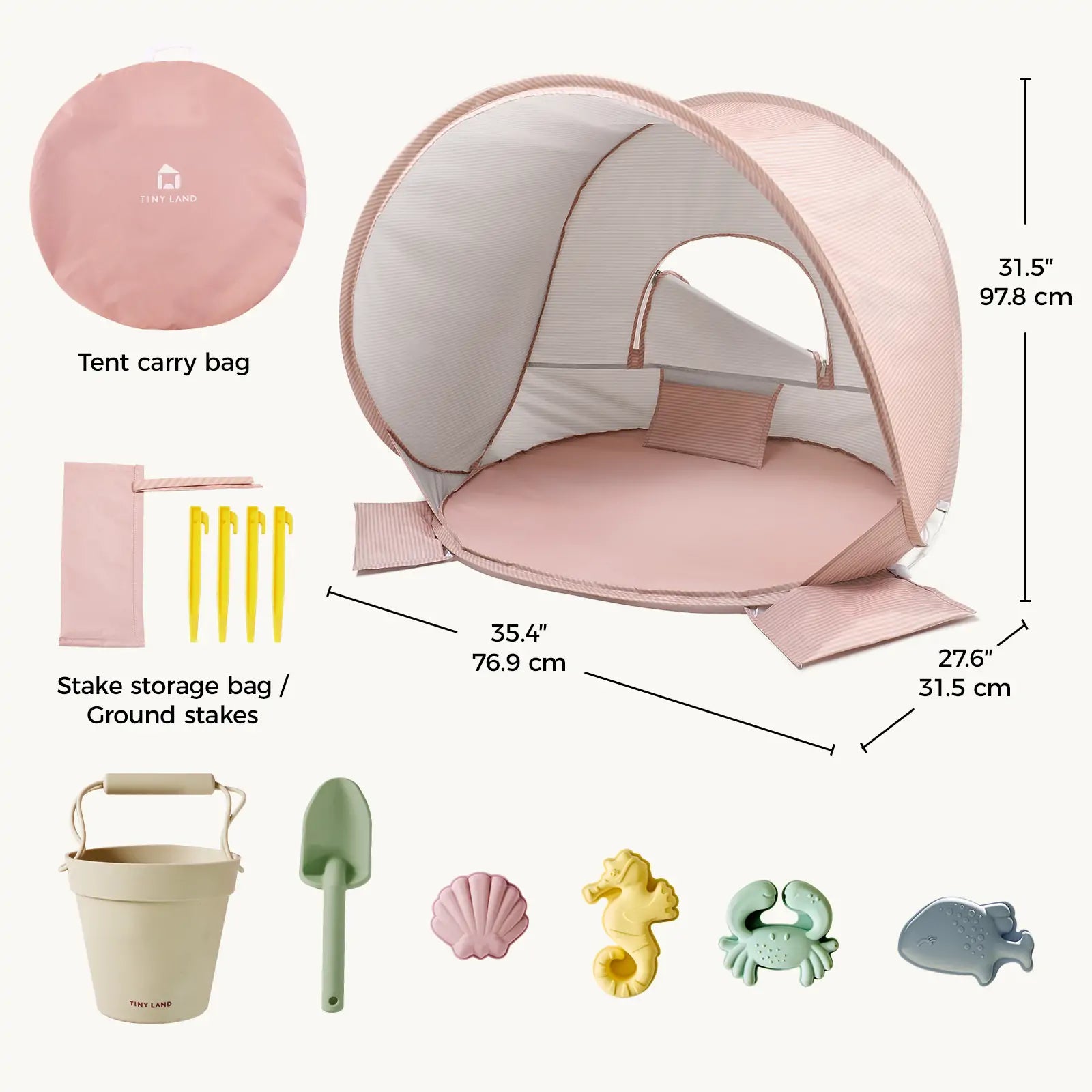Tiny Land One-Stop Beach Toy & Tent Set pink pop-up beach tent with carry bag and stakes on Tampa Home & Garden Store