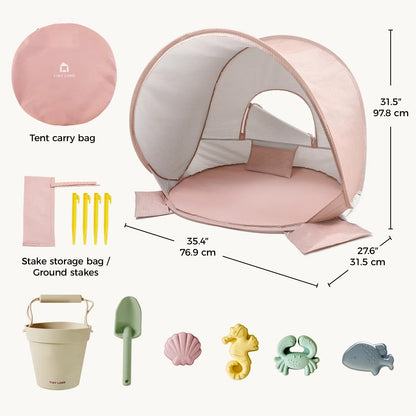 Tiny Land One-Stop Beach Toy & Tent Set pink pop-up beach tent with carry bag and stakes on Tampa Home & Garden Store