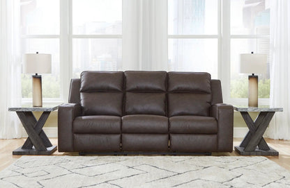 Lavenhorne Rec Sofa with Drop Down Table Granite brown leather with 2 end tables on Tampa Home & Garden Store