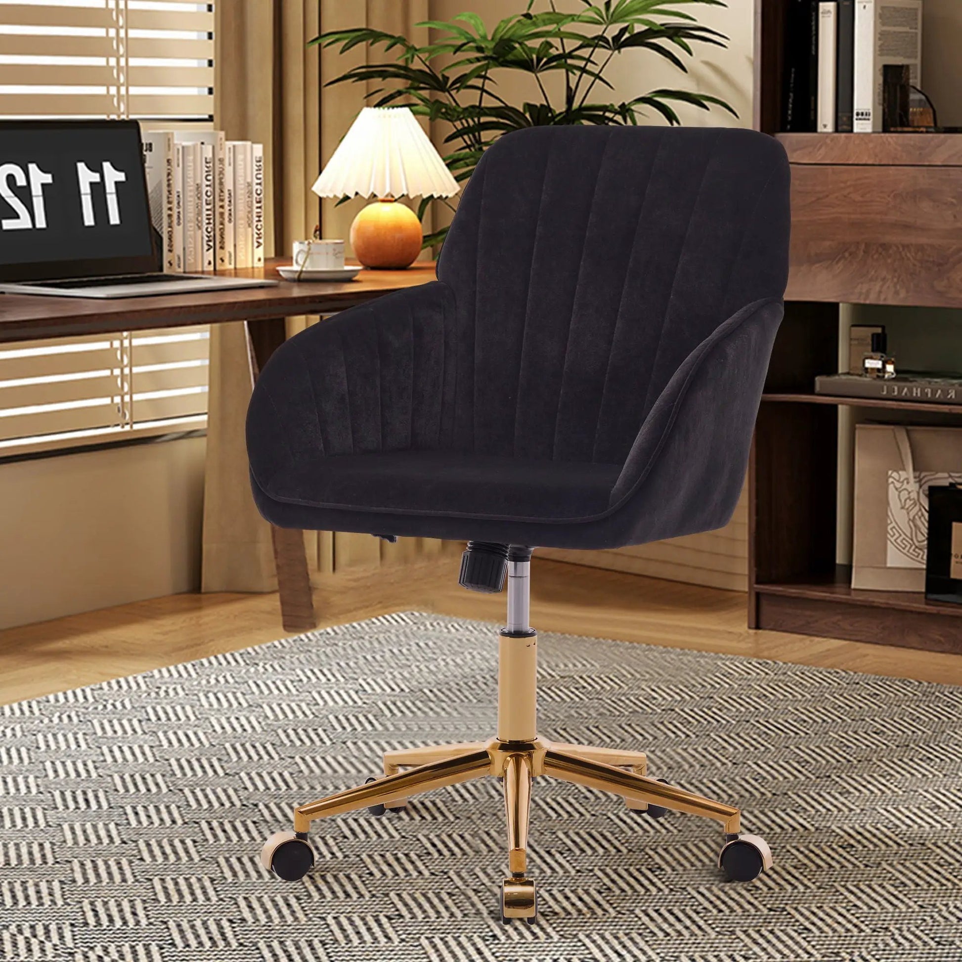 Adjustable ergonomic swivel chair, black fabric with gold base by Unique Piece Furniture on Tampa Home & Garden Store