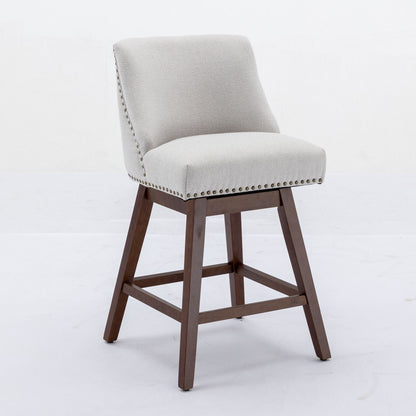Counter height swivel barstool set of 2 in beige fabric with nailhead trim and dark wood legs on Tampa Home & Garden Store