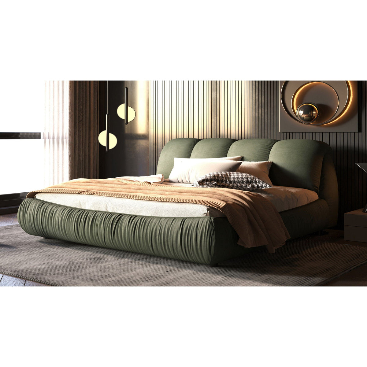 Platform bed in green velvet with oversized padded backrest and solid wood frame on Tampa Home & Garden Store