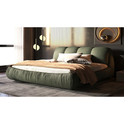 Platform bed in green velvet with oversized padded backrest and solid wood frame on Tampa Home & Garden Store