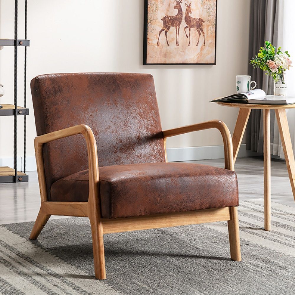 HouseOfZazla mid-century modern armchair with open wood frame and brown cushioned upholstery on Tampa Home & Garden Store
