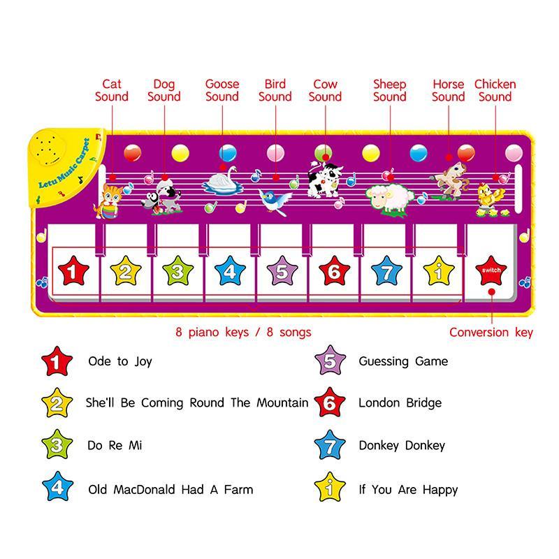 Stevvex Music Carpets piano mat with 8 keys and 8 songs, purple yellow play mat with animal art on Tampa Home & Garden Store