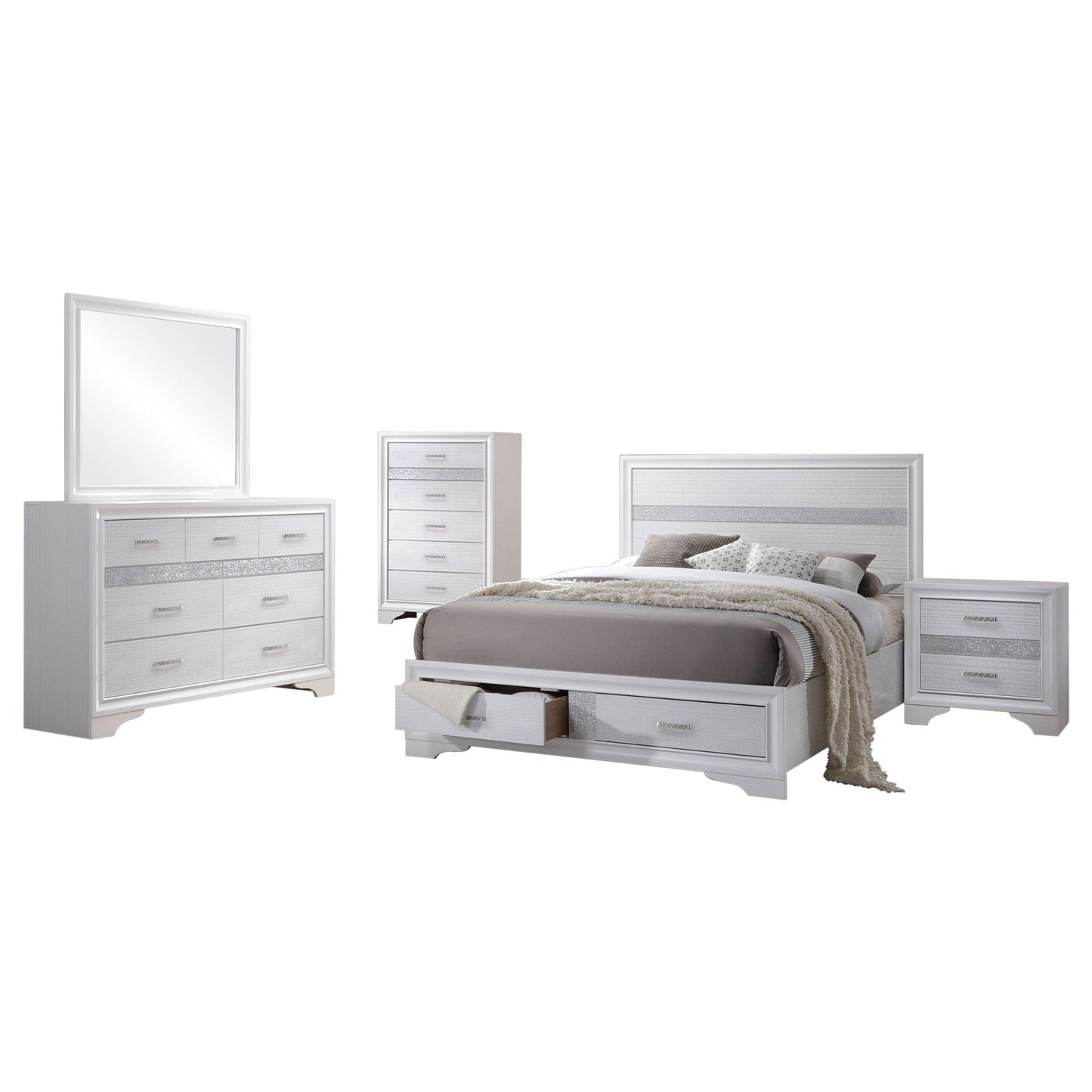 Corbin Glittering Bedroom Set 4pc whitesilver by HouseOfZazla bed dresser chest mirror on Tampa Home & Garden Store