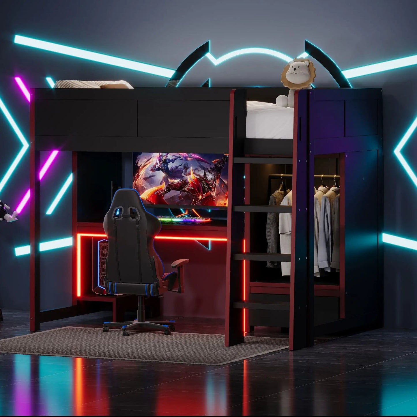 Gaming Loft Bed with Built in Desk and Wardrobe