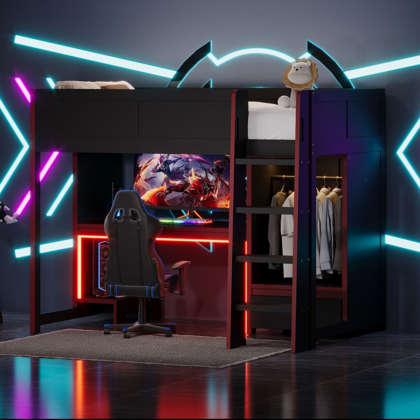 Gaming Loft Bed with built-in desk and wardrobe, LED lighting, black frame, plush lion on Tampa Home & Garden Store