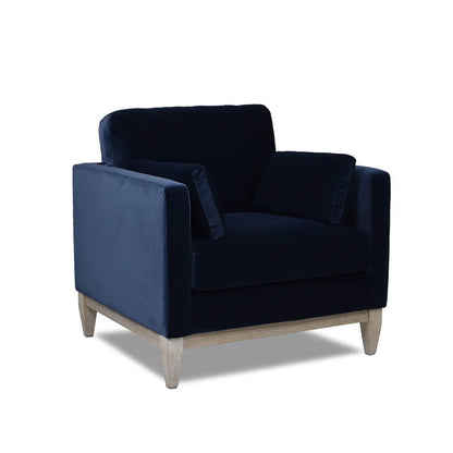 Knox Modern Farmhouse Arm Chair navy velvet upholstery with light wood legs 2 cushions on Tampa Home & Garden Store