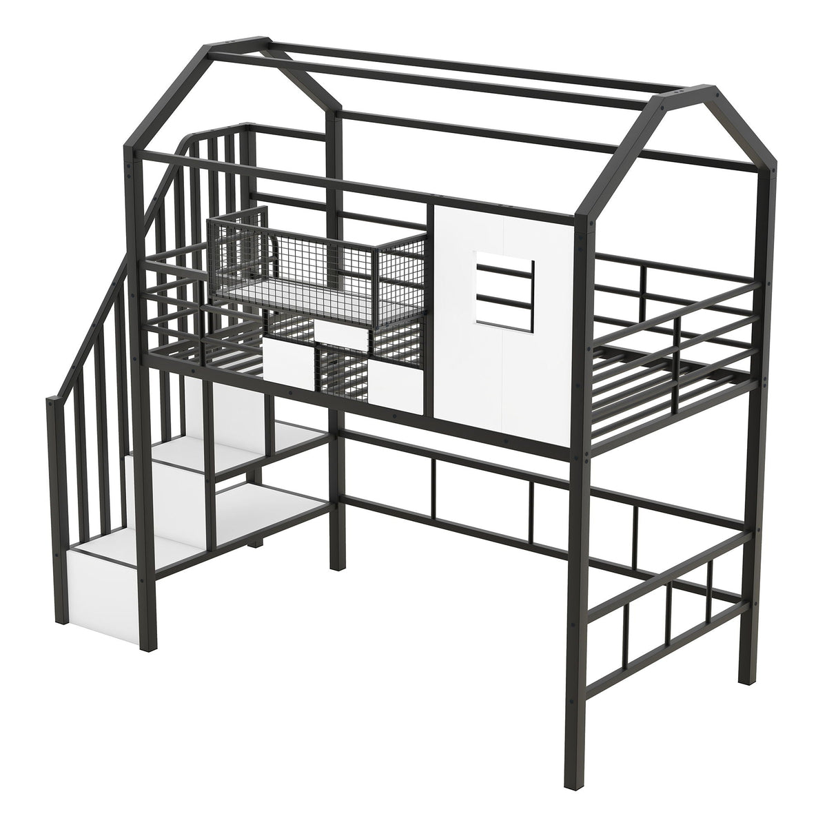 Metal loft bed frame by HouseOfZazla with roof design, guardrails, storage box and ladder on Tampa Home & Garden Store