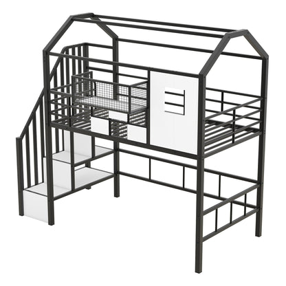 Metal loft bed frame by HouseOfZazla with roof design, guardrails, storage box and ladder on Tampa Home & Garden Store