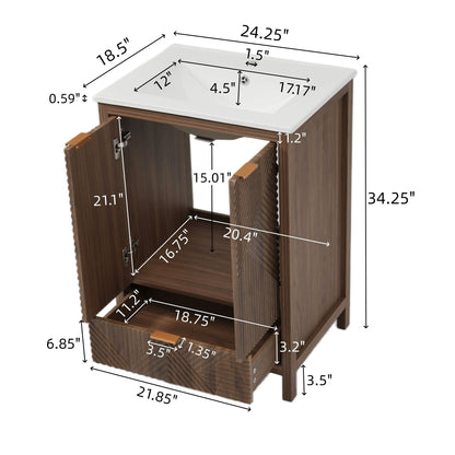 Modern bathroom vanity with sink, dark brown wood finish, white ceramic basin, compact storage on Tampa Home & Garden Store