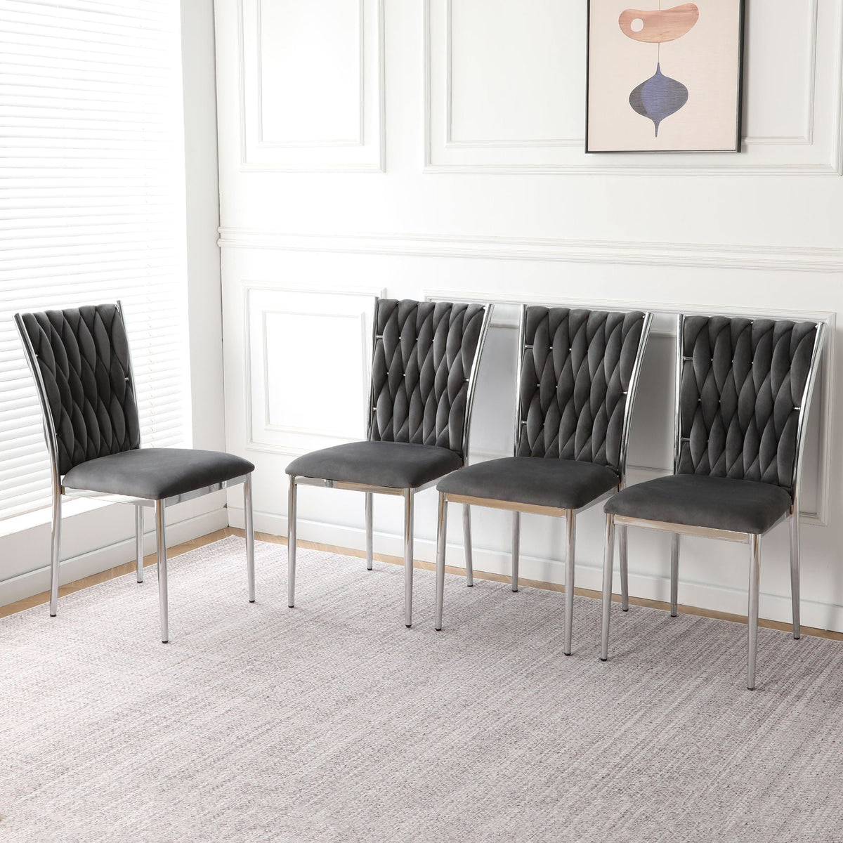 Modern dining chair set with ergonomic back in black fabric and chrome legs, six chairs on Tampa Home & Garden Store