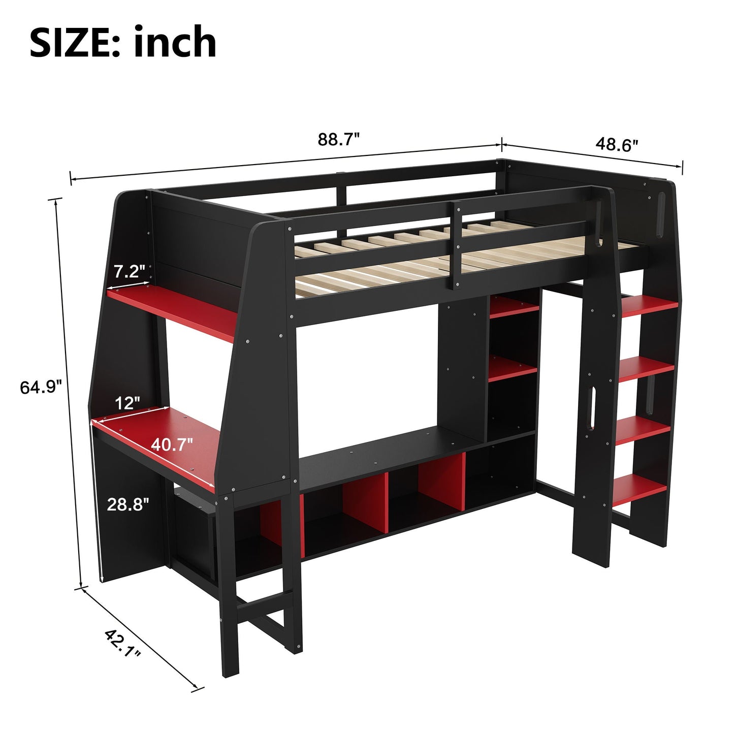 Gaming loft bed with desk, red storage shelves, LED, and clothes rack in black metal on Tampa Home & Garden Store