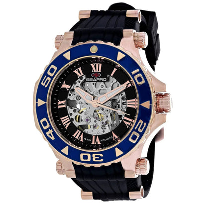 Seapro Seaway men's watch rose-gold case blue bezel skeleton dial black rubber strap on Tampa Home & Garden Store