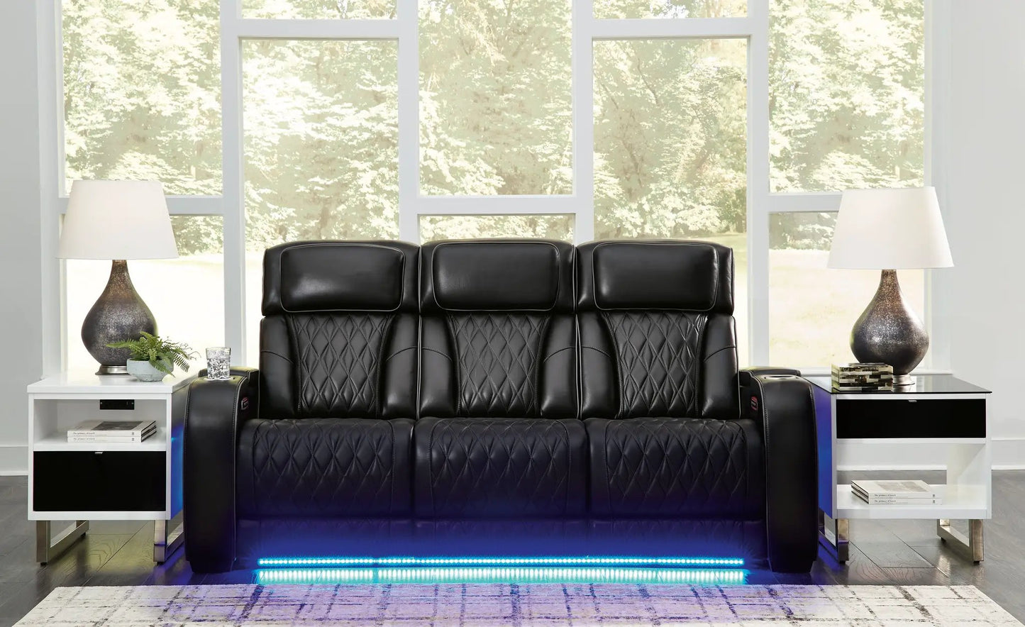 Boyington Power Reclining Sofa with Adj Headrest in black leather, Unique Piece Furniture on Tampa Home & Garden Store