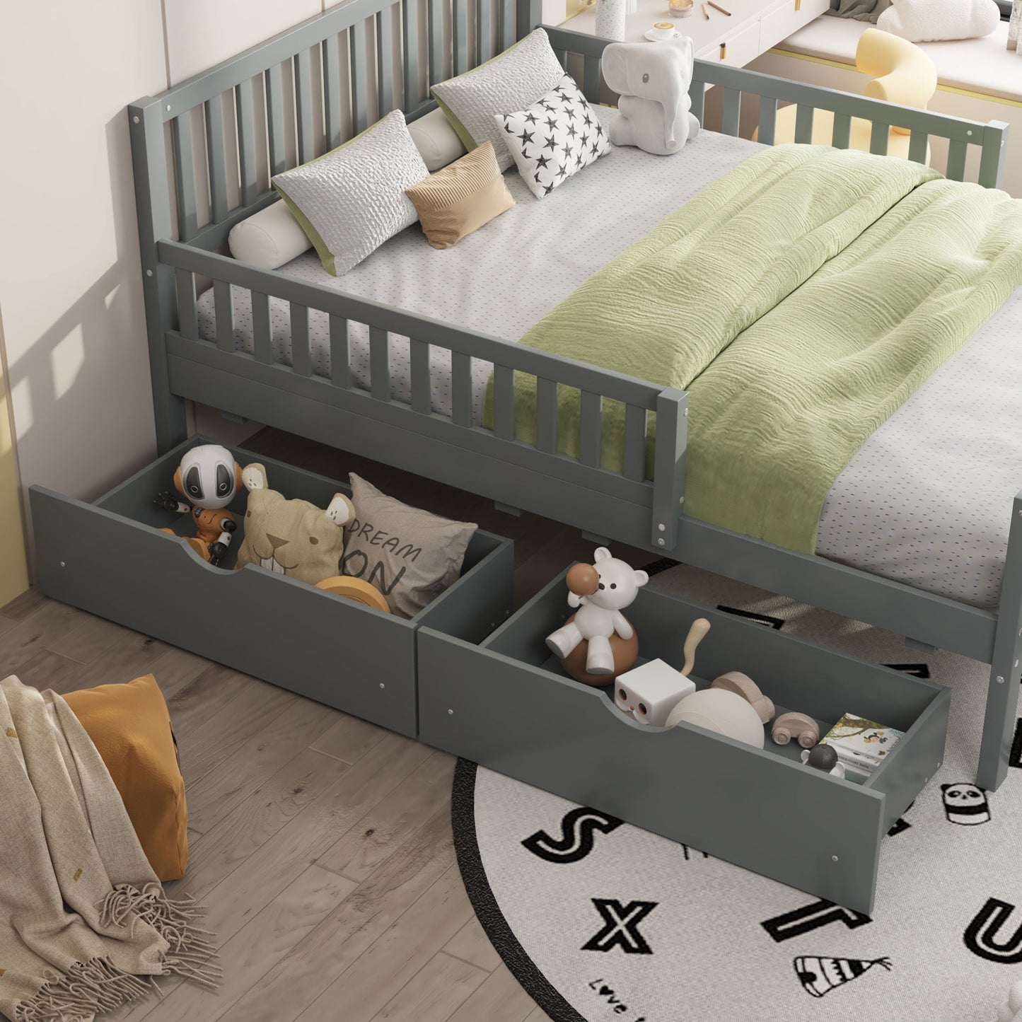 Platform bed with guardrails on both sides and underbed drawers in gray-green by HouseOfZazla on Tampa Home & Garden Store