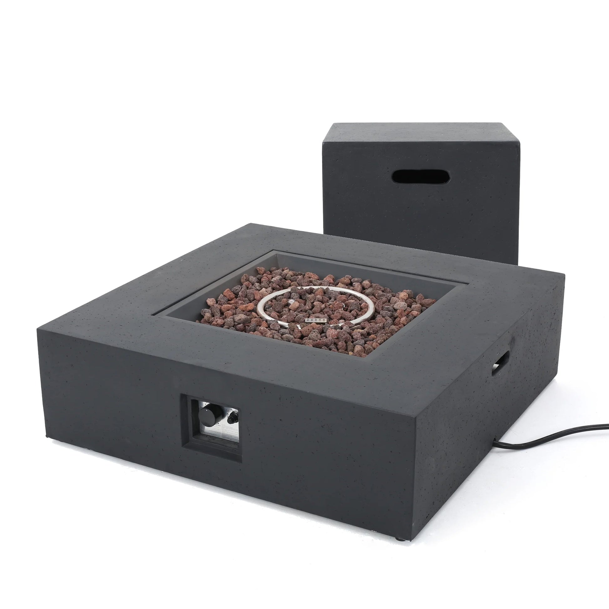 Outdoor fire pit 50,000 BTU propane, dark grey with tank holder and lava rock bed on Tampa Home & Garden Store