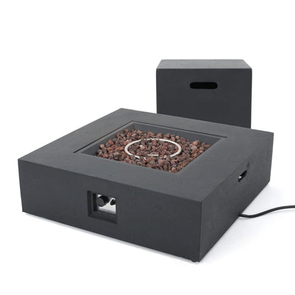Outdoor fire pit 50,000 BTU propane, dark grey with tank holder and lava rock bed on Tampa Home & Garden Store