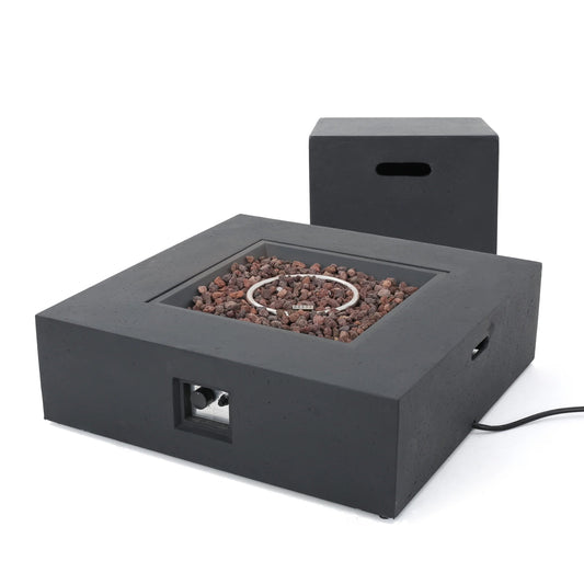 Outdoor fire pit 50,000 BTU propane, dark grey with tank holder and lava rock bed on Tampa Home & Garden Store