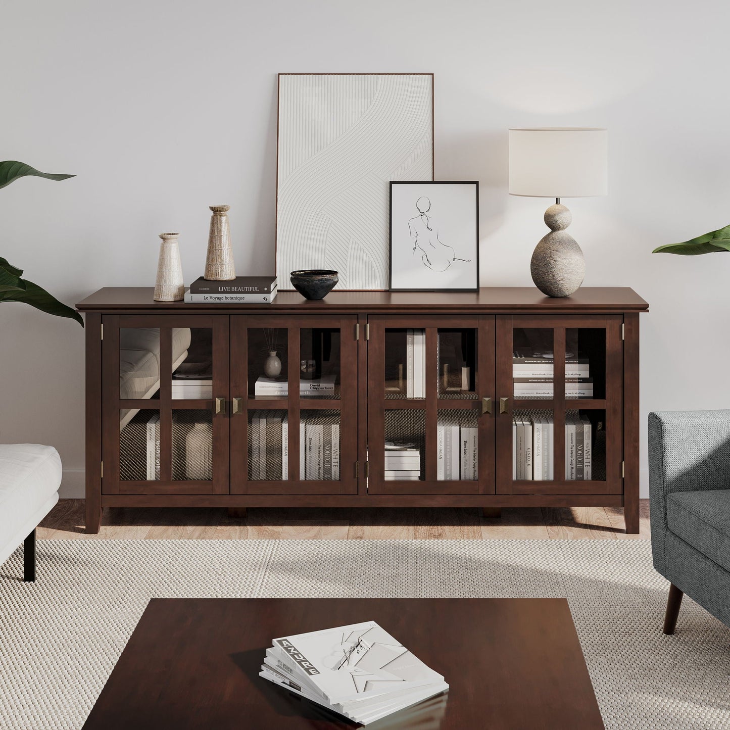 Artisan Handcrafted Wide 4-Door Storage Cabinet in dark wood with glass doors on Tampa Home & Garden Store