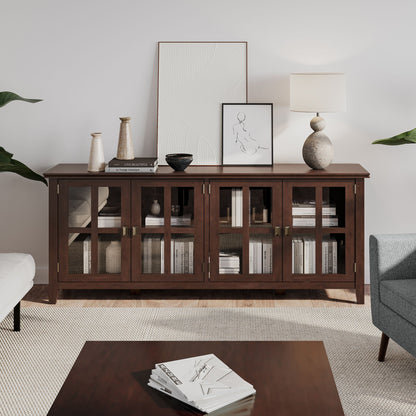 Artisan Handcrafted Wide 4-Door Storage Cabinet in dark wood with glass doors on Tampa Home & Garden Store