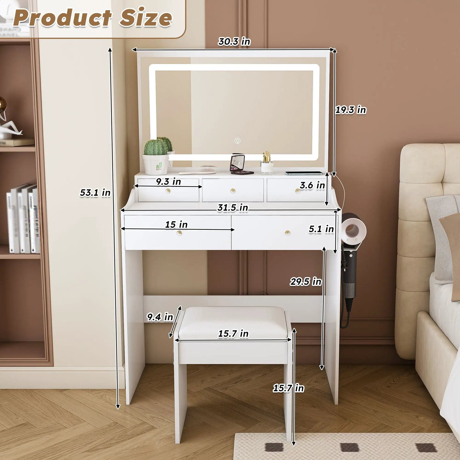 Modern makeup vanity set with power outlet, hair dryer holder and adjustable LED lighting in white finish on Tampa Home & Garden Store