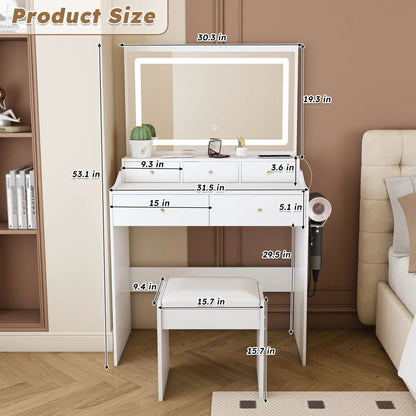 Modern makeup vanity set with power outlet, hair dryer holder and adjustable LED lighting in white finish on Tampa Home & Garden Store