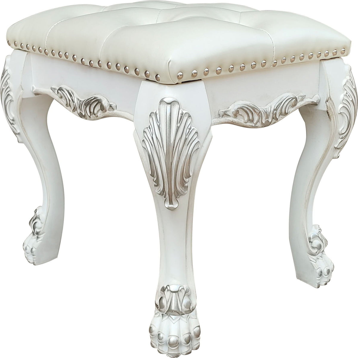 Bone White Vanity Stool with Foam-Padded PU Leather Seat and ornate carved legs on Tampa Home & Garden Store