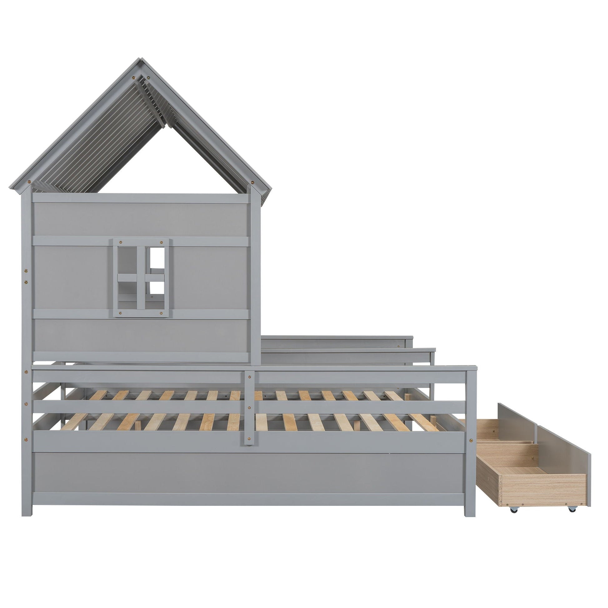 House Platform Bed With 2 Drawers, gray finish, side-by-side design, slatted base on Tampa Home & Garden Store