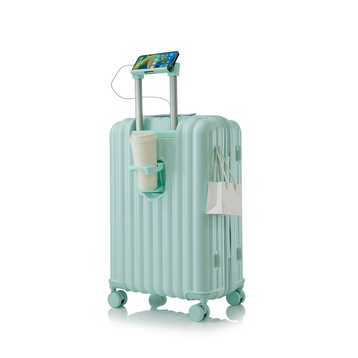 HouseOfZazla mint green spinner luggage set with phone holder, USB port and cup holder on Tampa Home & Garden Store