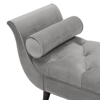 Tufted flared-arm entryway bench in gray velvet with bolster pillow and dark wood legs on Tampa Home & Garden Store