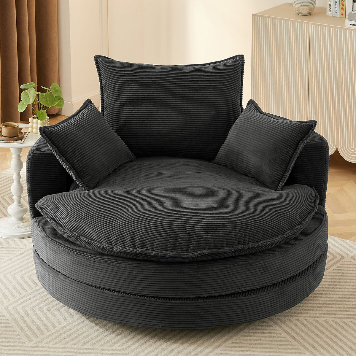 Swivel barrel chair ribbed black fabric with cushions on Tampa Home & Garden Store