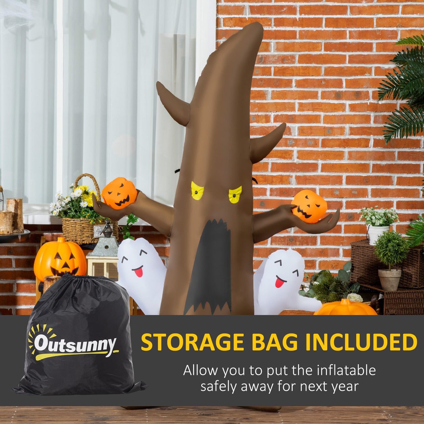 5ft illuminated brown Halloween ghost tree inflatable with yellow eyes; storage bag included on Tampa Home & Garden Store