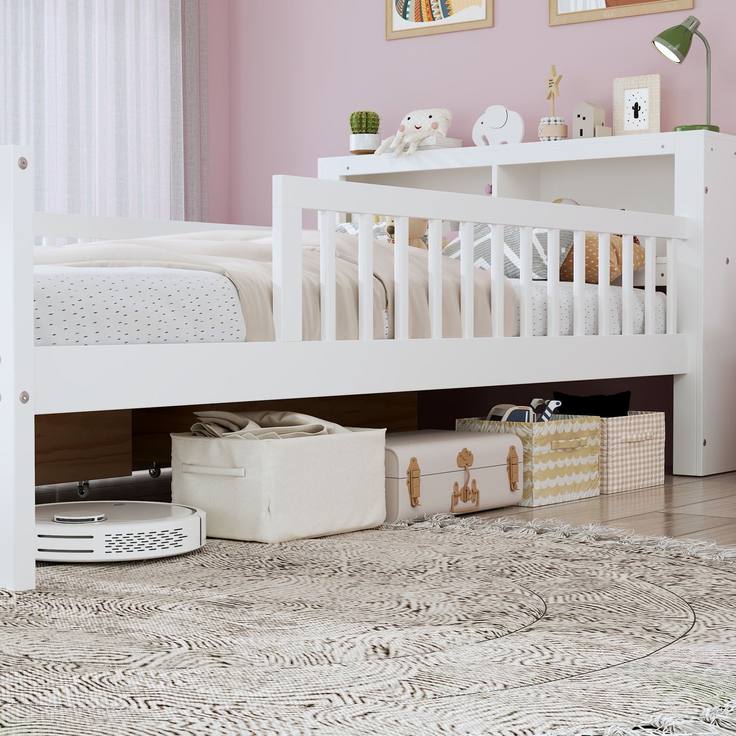 Bed with headboard storage rack, white storage bed with 2 under-bed drawers and 3 side guardrails on Tampa Home & Garden Store