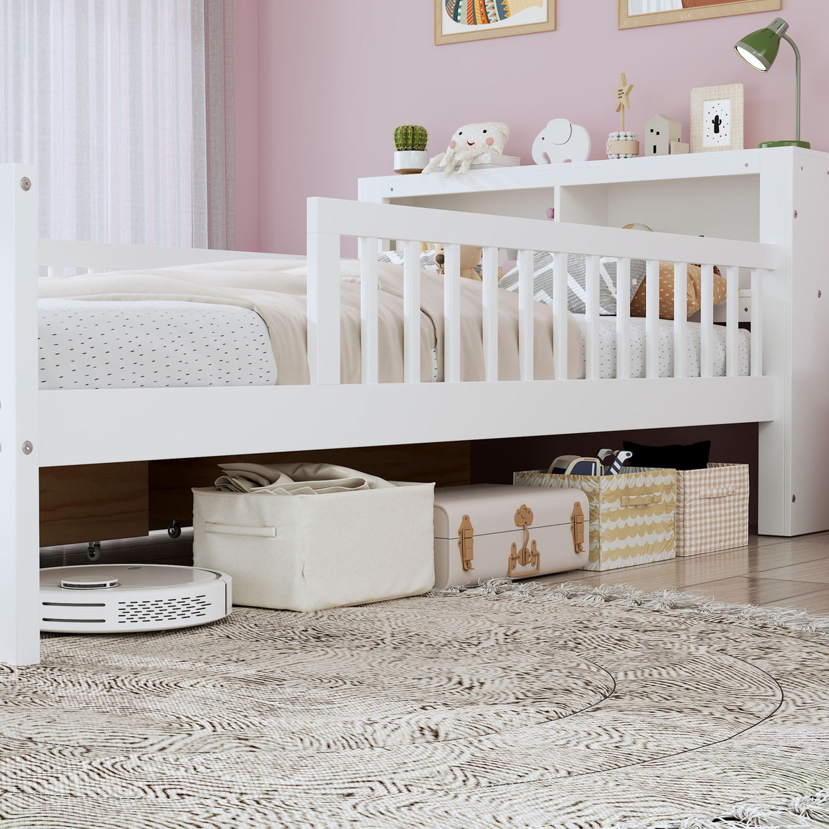 Bed with headboard storage rack, white storage bed with 2 under-bed drawers and 3 side guardrails on Tampa Home & Garden Store