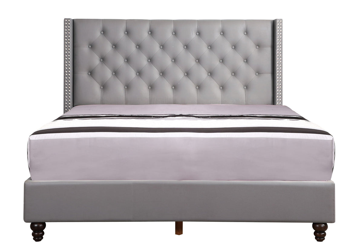 Nailhead Bed gray tufted headboard with diamond buttons and studded trim by HouseOfZazla on Tampa Home & Garden Store