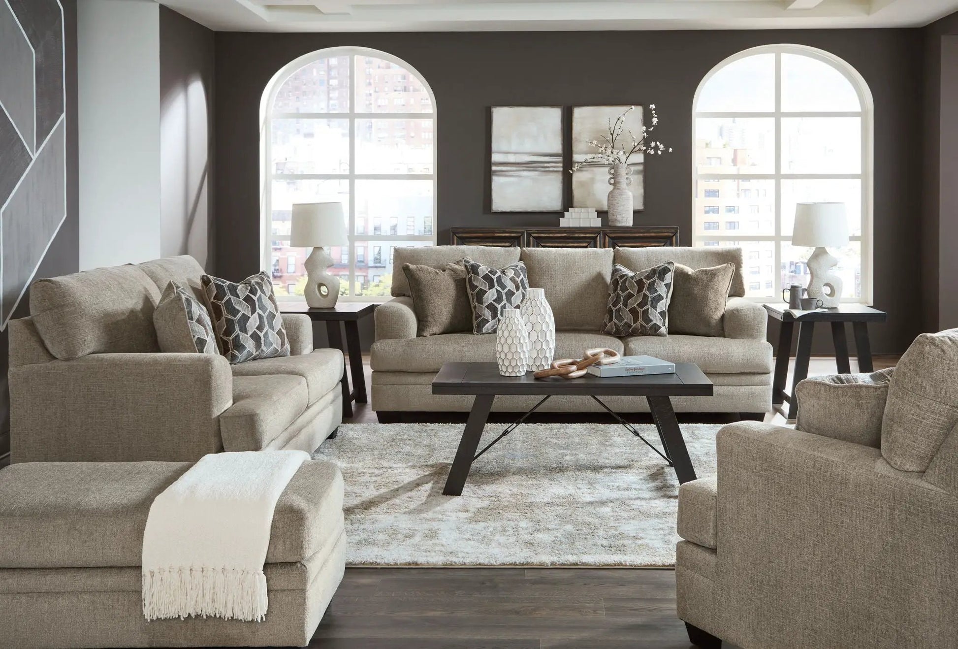 Stonemeade 3pc living room set beige upholstery with pillows and coffee table on Tampa Home & Garden Store