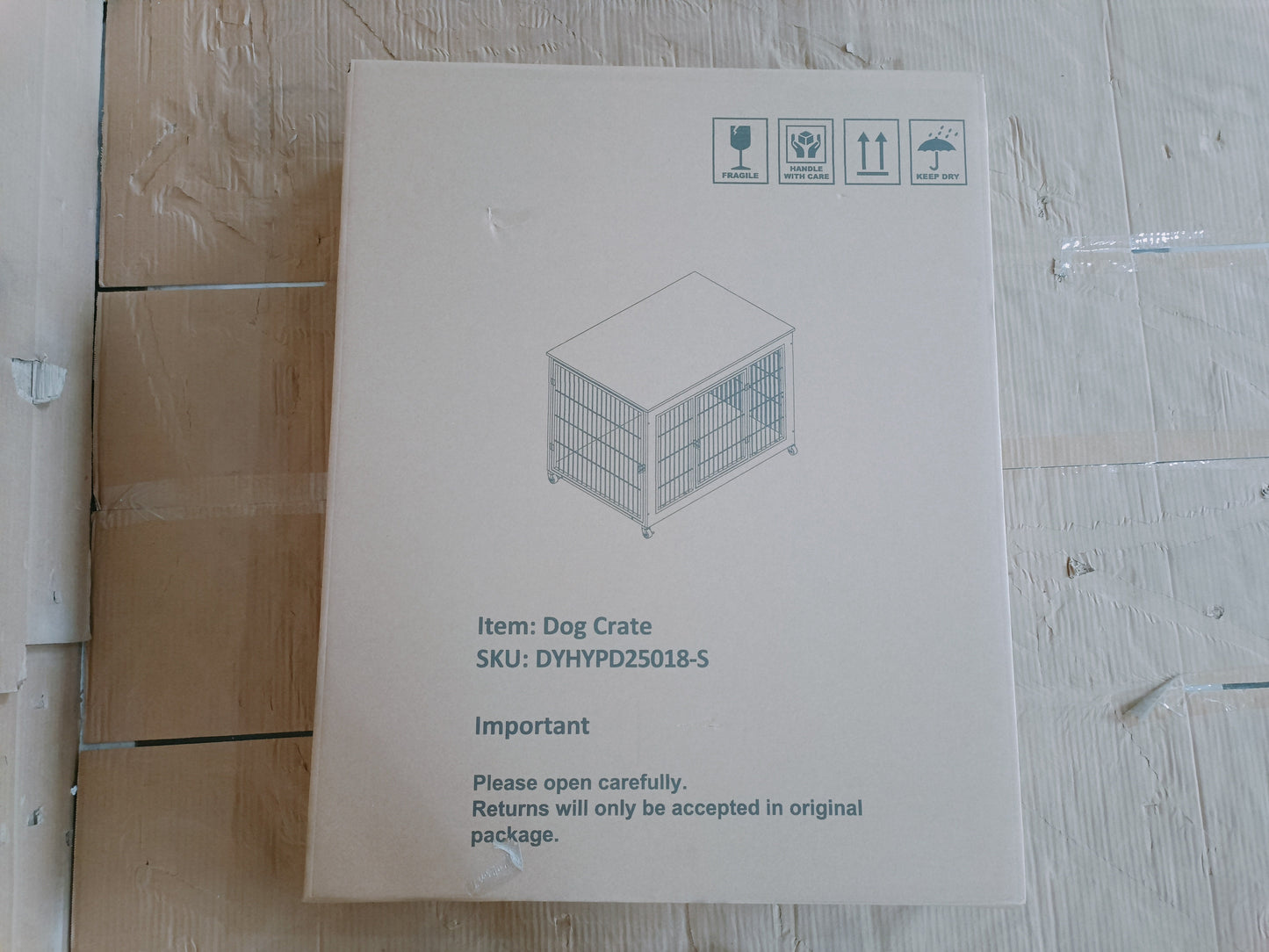 Dog Crate Furniture with Wheels for Small Dogs box shows crate diagram on packaging on Tampa Home & Garden Store