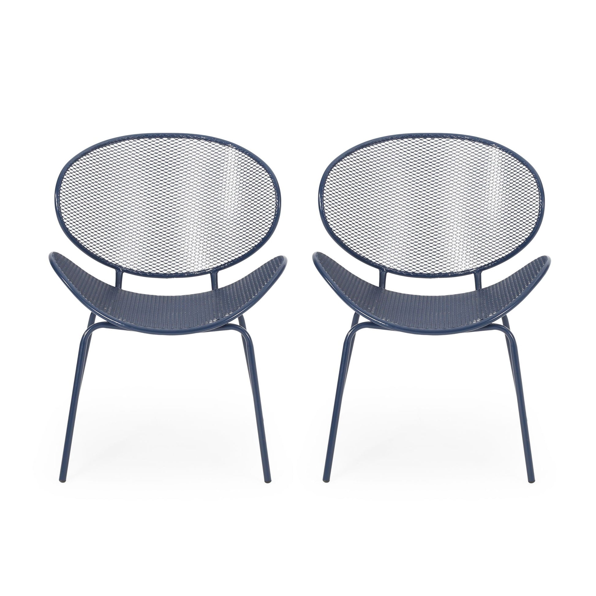 Elba Contemporary Chair Set armless outdoor chairs, 2 navy blue metal-mesh chairs on Tampa Home & Garden Store