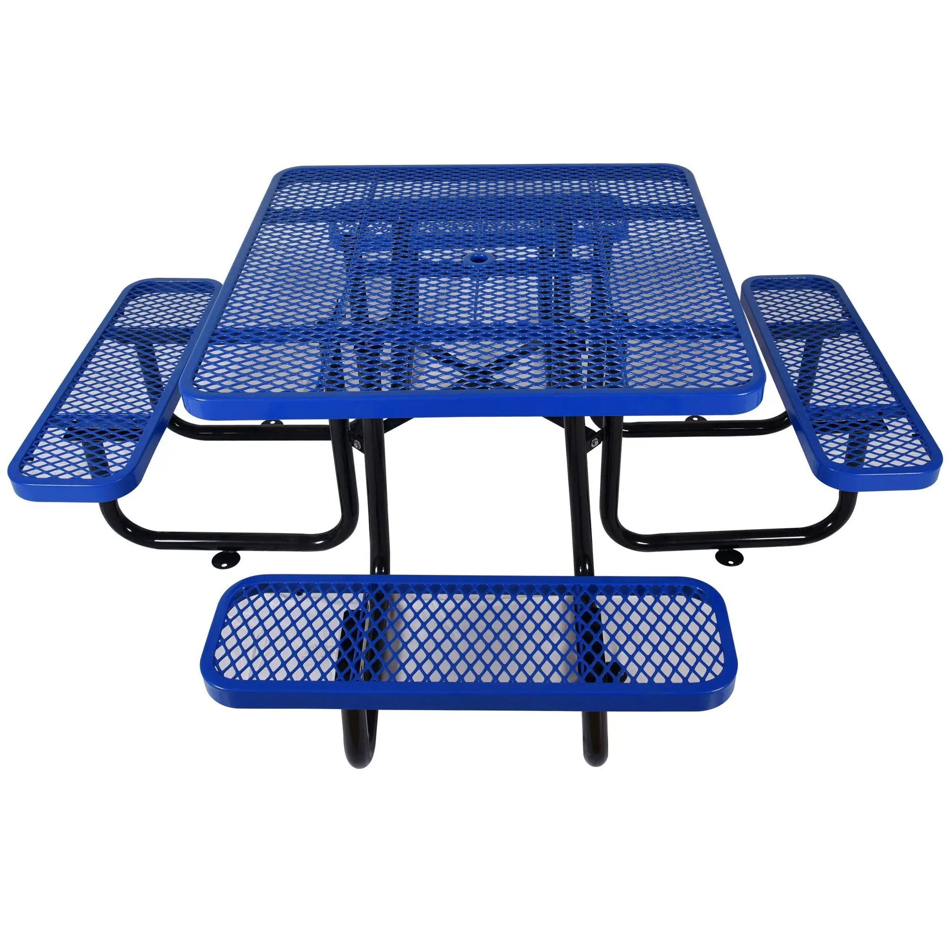 Blue outdoor steel picnic table with umbrella pole and benches by Unique Piece Furniture on Tampa Home & Garden Store