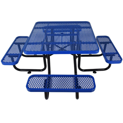 Blue outdoor steel picnic table with umbrella pole and benches by Unique Piece Furniture on Tampa Home & Garden Store