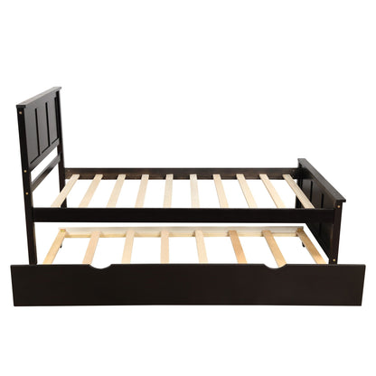 Platform bed with twin trundle in espresso finish; dark wood frame with slatted base on Tampa Home & Garden Store