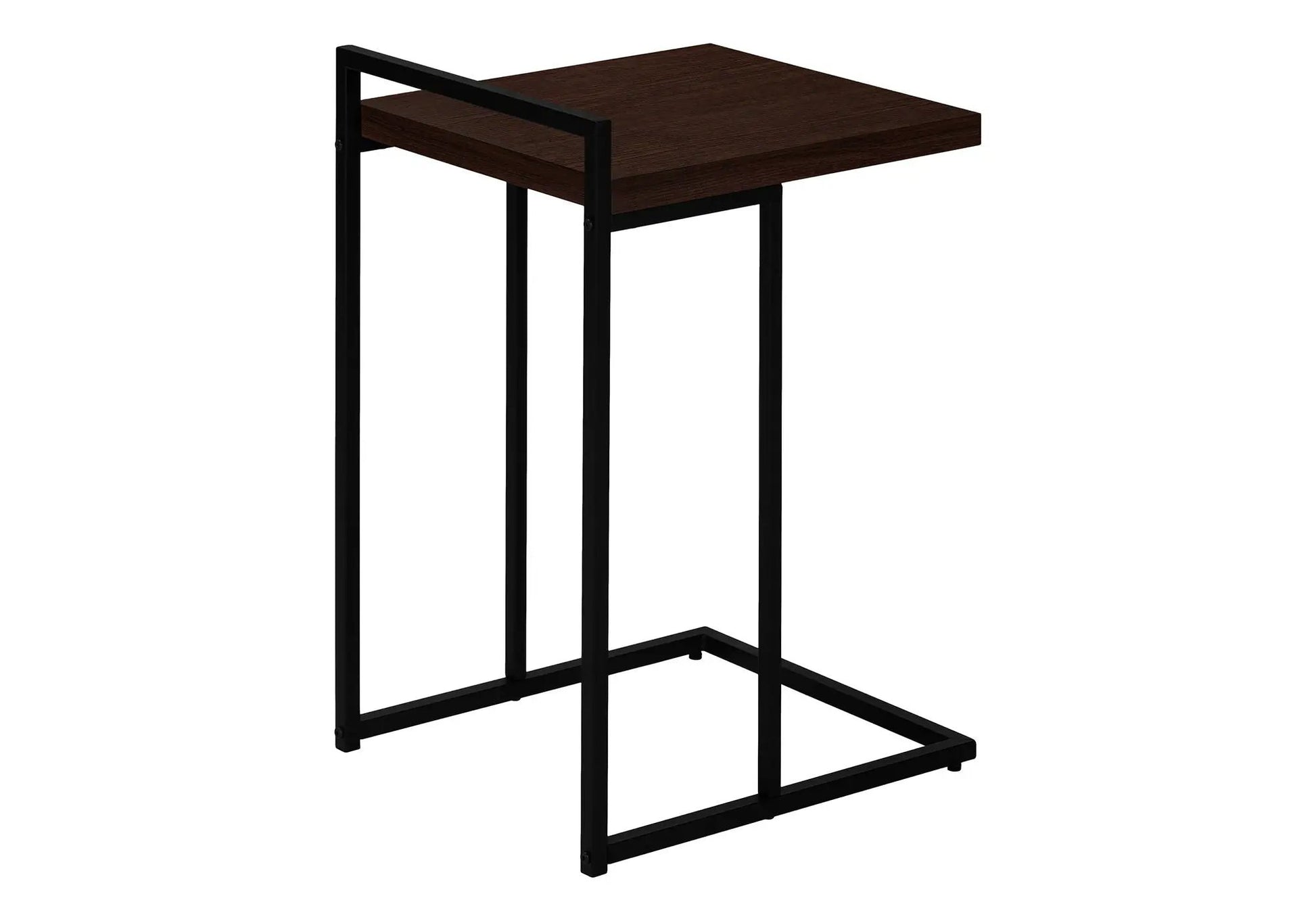 C-shaped accent table with dark wood top and black metal frame on Tampa Home & Garden Store