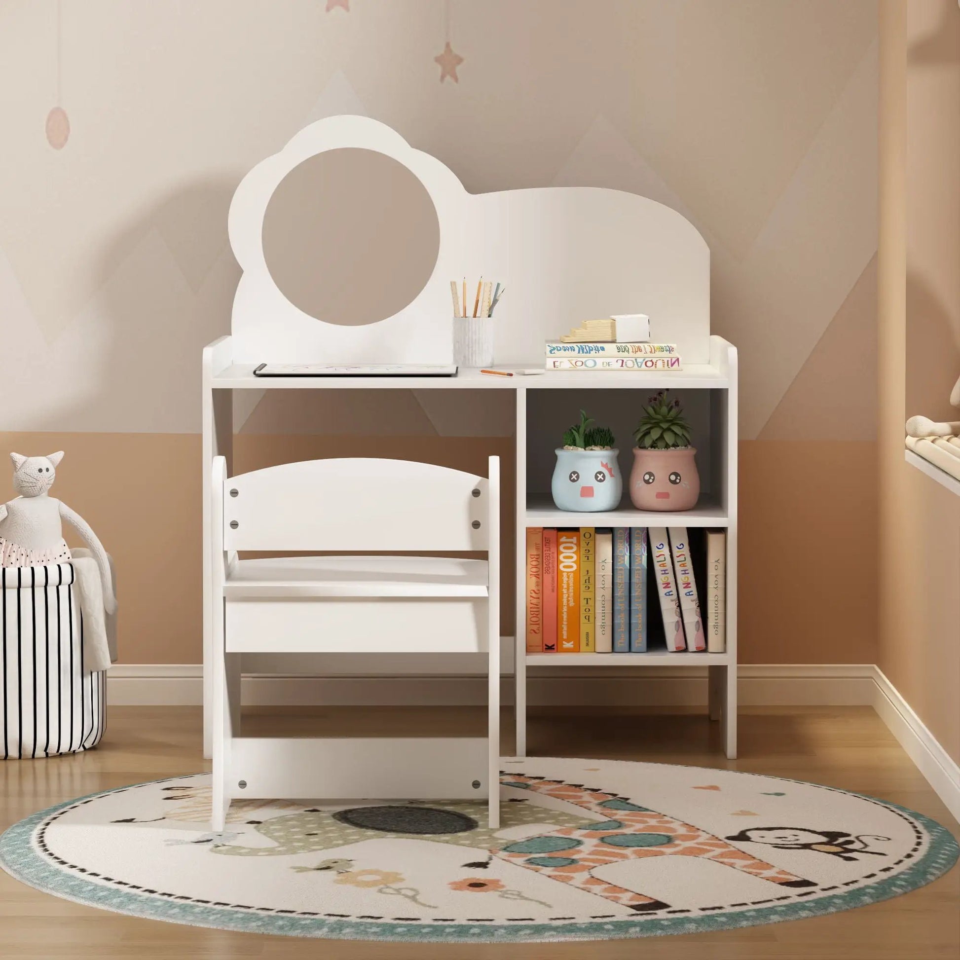White kids vanity table with mirror and chair, storage shelves, pencils and books on desk on Tampa Home & Garden Store