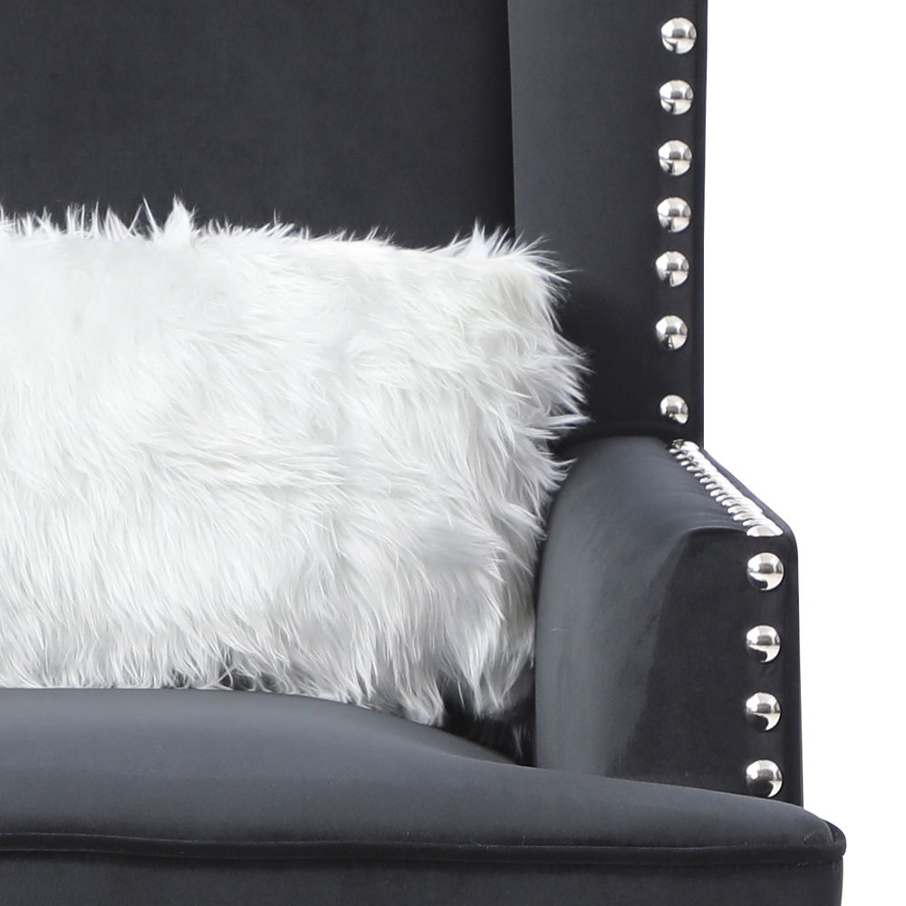 Traditional accent armchair with deep tufting in dark gray fabric, silver nailhead trim on Tampa Home & Garden Store