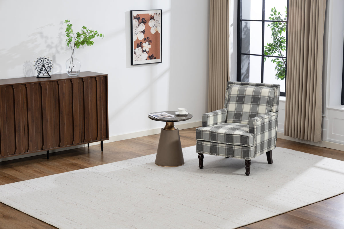 Upholstered Accent Chair with grey plaid fabric and solid wood legs, vintage armchair style on Tampa Home & Garden Store